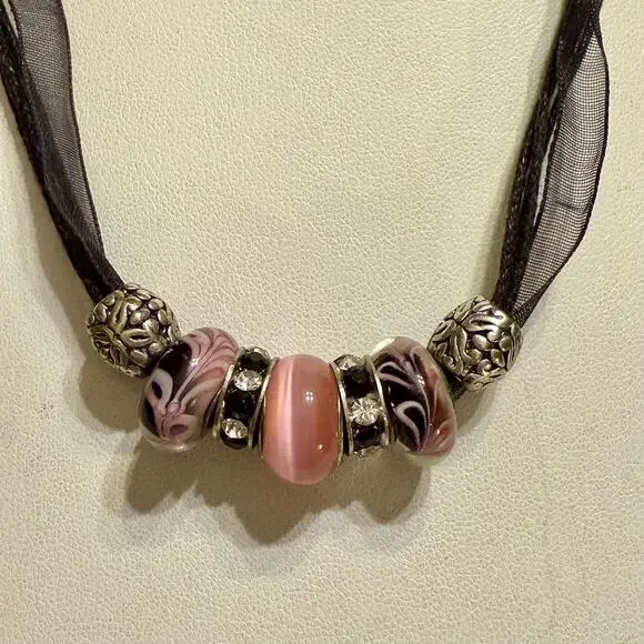 Pink & Black Glass & Metal Beaded Charm Ribbon Necklace - Picture 1 of 5
